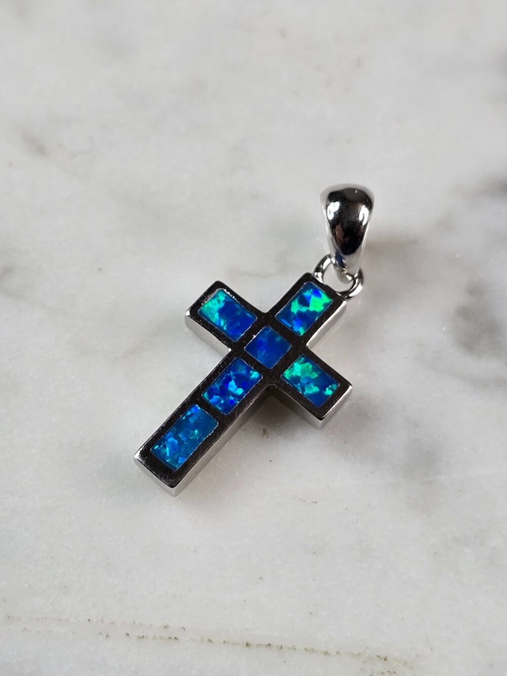 Womens Sterling Silver Blue Opal Religious Cross Pendant 1.8g E844